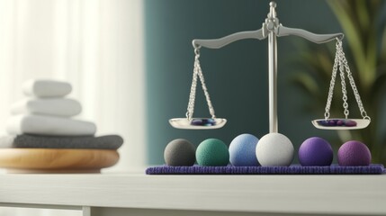 Balanced scale with stress balls and relaxation symbols, symbolizing emotional regulation and mental well-being
