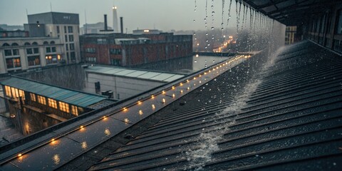 Fototapeta premium Drone footage: industrial cityscape, rain's metallic sheen, water droplets dance on reflective surfaces.