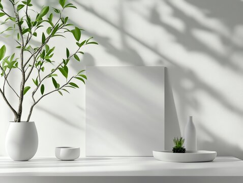 Minimal design mockup with A4 landscape paper, envelope, and morning window light