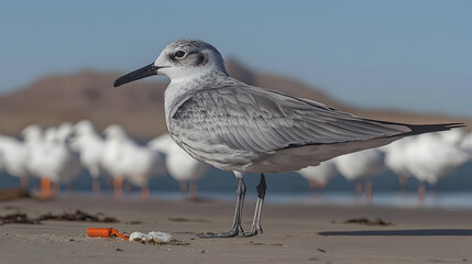 Gray seagull on sandy beach, other birds blurred in background, coastal hills. Use nature, wildlife, conservation
