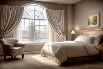 Early morning sunlight shining through curtains onto an empty bed