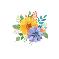 Charming Floral Bouquet in Flat Style, Colorful Hand-Drawn Yellow and Purple Flowers with Leaves for Wedding, Greeting Cards, and Seasonal Designs