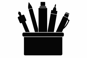 pen holder with pens silhouette vector illustration