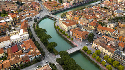 Fototapeta premium Aerial view of the historic center of Sora, built on the banks of the Liri river. It is a town in Lazio, Italy, in the province of Frosinone.