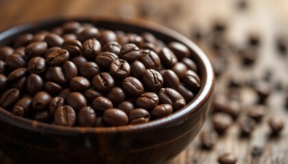 Fototapeta premium Dark Roasted Coffee Beans in Rustic Bowl, Close-Up