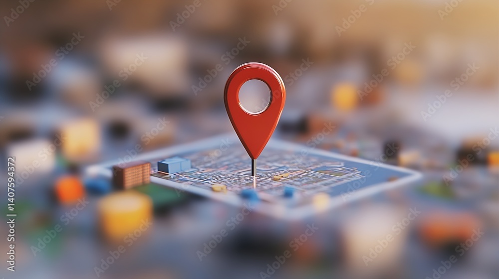 Poster 3D Map Pointer on a Blurred City Landscape Indicating a Location : Generative AI