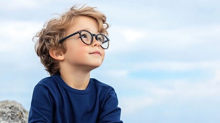 Child wearing glasses on a rock background, with open sky to the side 