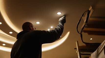 Electrician installing recessed lighting in a ceiling. Featuring skill and design