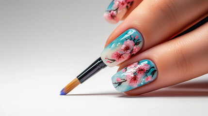 Obraz premium A nail artist’s hand holding a fine brush while painting floral nail art, white background