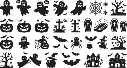 Halloween icon silhouette vector set spooky ghosts, pumpkins, bats, spiders, haunted house, coffin, tree, witch, graveyard elements