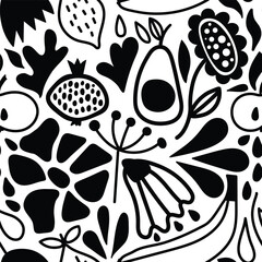 Vector Seamless Pattern with Fruits and Flowers.