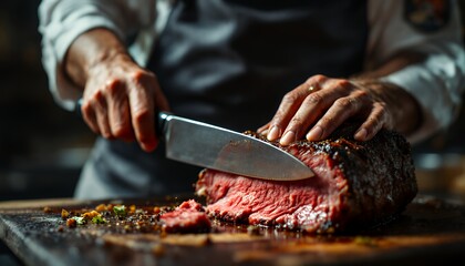 Chef Skillfully Slicing Juicy Roast Beef on Wooden Cutting Board in Dimly Lit Restaurant Kitchen