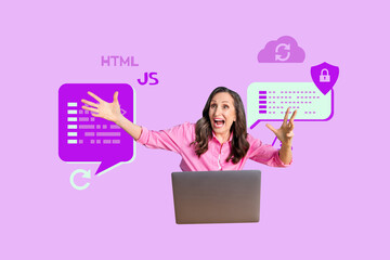Creative full art collage of shocked businesswoman hold laptop freelance problem decoding hacker...