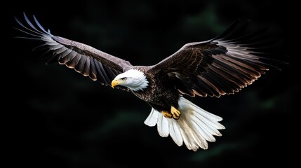 Fototapeta premium Majestic bald eagle soaring in the air against a striking black background symbolizing freedom and powerful presence