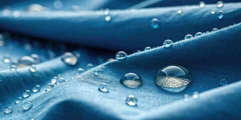 Drone macro captures calming serenity: close-up of blue fabric's water-beaded surface.