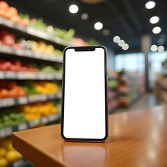 Mockup image of mobile phone with blank screen in store 