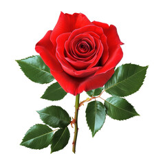 Fototapeta premium Beautiful red rose flower with lush green leaves on a transparent background, perfect for floral arrangements or gifting, red rose flower leaves isolated on transparent background
