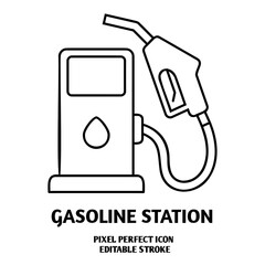 Gasoline station editable stroke outline icon isolated on white background flat vector illustration, black outline, Pixel perfect