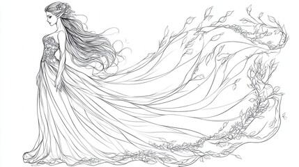 Fototapeta premium A line drawing of a woman in a flowing gown against a large sun, surrounded by flowers, conveying grace and beauty.