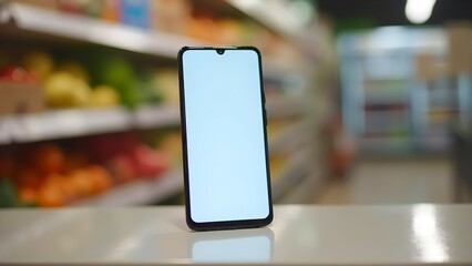 Mockup image of mobile phone with blank screen in store 