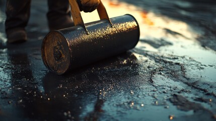 Road worker using a roller to flatten freshly laid asphalt. Featuring teamwork and precision
