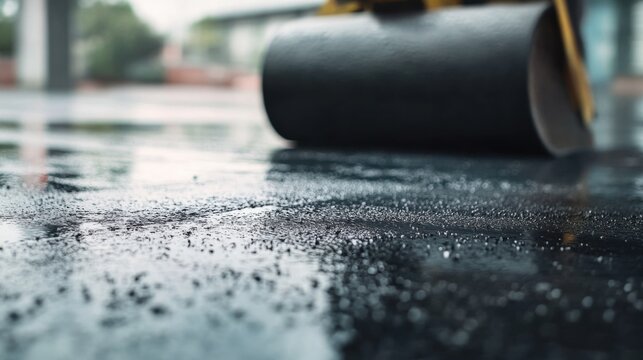Road worker using a roller to flatten freshly laid asphalt. Featuring teamwork and precision
