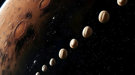 Naklejka premium Martian baseballs orbiting red planet; space travel, cosmic journey; background stars; science fiction illustration