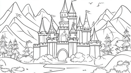 A colorful illustration of a fairytale castle set in a whimsical landscape, with hot air balloons and trees surrounding it.