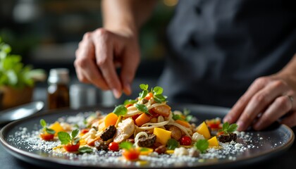 Culinary Creativity in a Modern Restaurant Kitchen with Handsome Plating of Colorful Fresh Ingredients and Herbs
