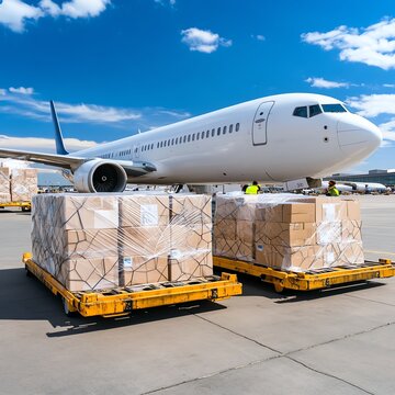 Air freight aircraft parked on tarmac with logistics crew loading parcels