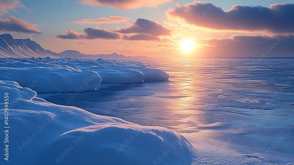 Poster Captivating view of the sun setting over a frozen lake that glows with soft pastel colors of dusk : Generative AI
