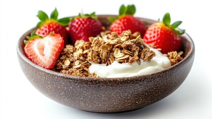 A beautifully plated dessert topped with fresh fruits and granola, showcasing an elegant presentation.