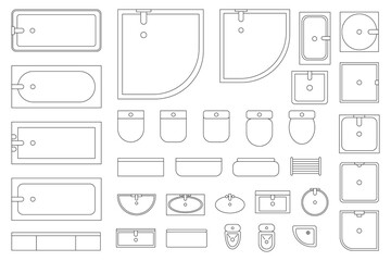Bathroom furniture. Top view. Architectural collection. Baths, shells, toilets, bidets, urinals, showers. View from above. © senja