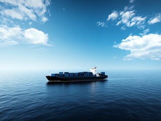 Obraz premium Industrial cargo ship with containers cruising under bright sky, freight logistics concept