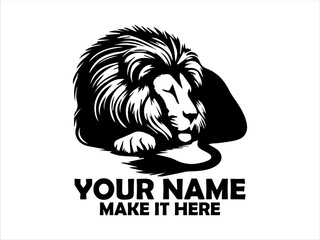 Majestic lion with a prominent mane rests peacefully in a monochrome illustration. Wildlife concept lion, illustration lion vector logo design art