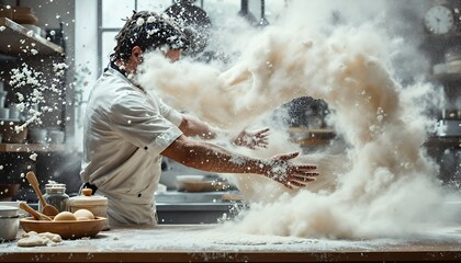 Energetic Chef Capturing The Art Of Baking While Creating Flour Cloud In A Bright Modern Kitchen