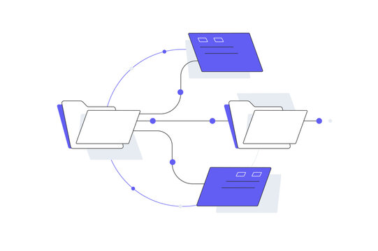 File system hierarchy,  Folders and files. Flowchart connecting documents to a central system ending with verified documents. Document management, digital workflows, data organization. Flat Cartoon 