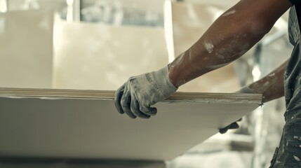 Construction worker installing drywall on interior walls. Featuring precision and focus
