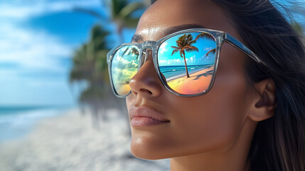 Close-up of woman wearing sunglasses reflecting a tropical beach scene with palm trees and clear blue skies during sunset