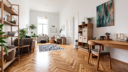 Modern living room with herringbone floors, plants, and wooden furniture.