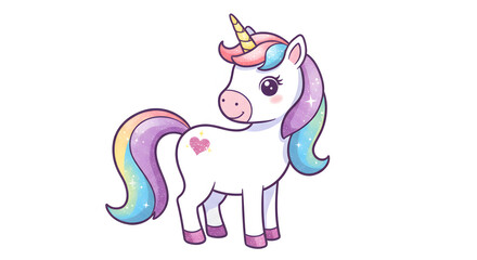 Magical Unicorn Illustration: A whimsical and charming illustration of a unicorn with a flowing rainbow mane and tail, shimmering with glitter and a cute heart on its flank.