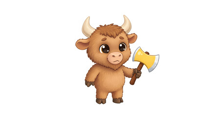 Animated Bull: A charming, animated bull cartoon stands proudly holding an axe, its expressive eyes and friendly demeanor conveying a playful, endearing character. 