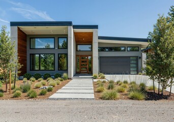 Modern single family home featuring a concrete walkway, landscaping, and a wooden front door