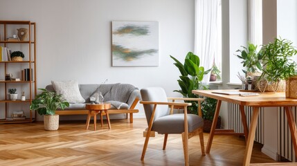 Modern living room with plants and wooden furniture.