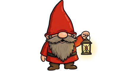 Garden Gnome with Lantern: A whimsical cartoon illustration of a friendly garden gnome, adorned in a classic red hat and attire, holds aloft a lantern, casting a warm, inviting glow.