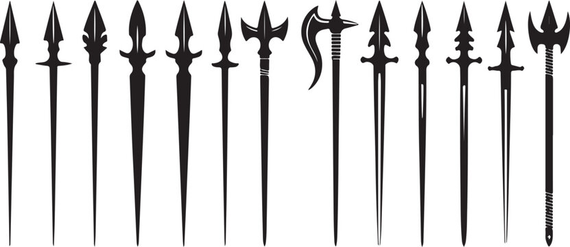 Medieval spear silhouette vector set ancient polearm weapon icons collection, fantasy halberd