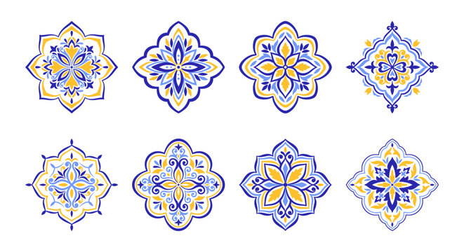 Mediterranean blue yellow pattern set. Floral ethnic motifs for tile design. Spanish, Portuguese, or Moroccan traditional ornaments. Vector illustration.