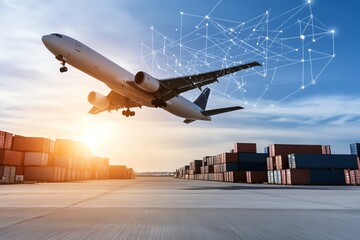 Cargo airplane taking off with digital logistics tracking overlay in sky