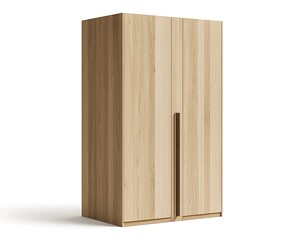 A wooden cabinet with two doors and a wooden handle