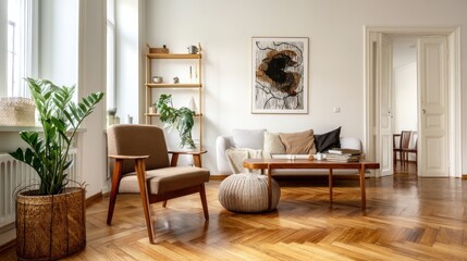 Fototapeta premium Mid-century modern living room with wooden floors.